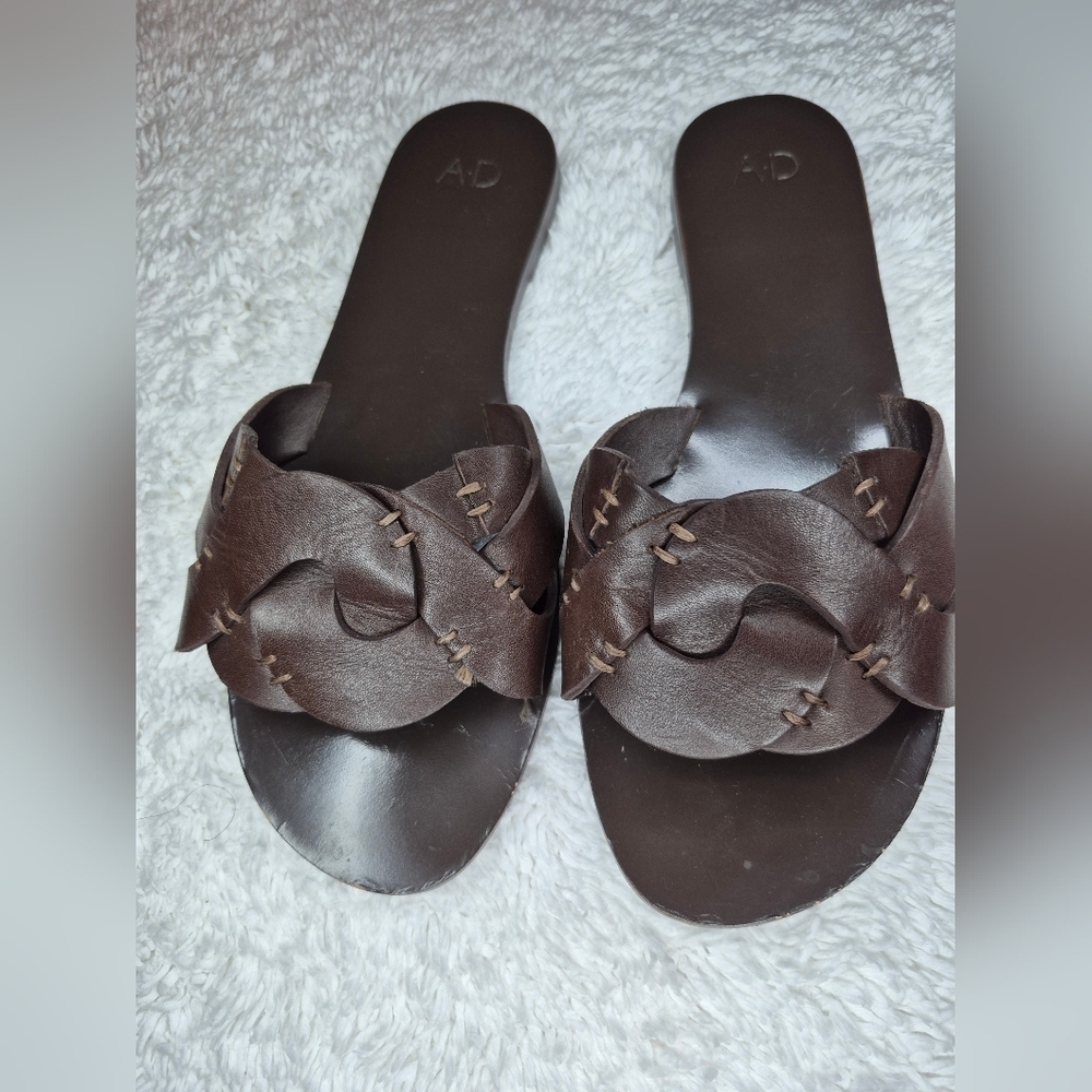 AD Brown Leather Slip-On Sandals with Braided Design